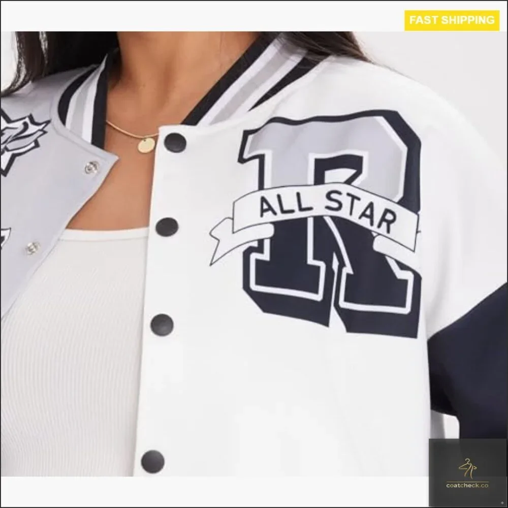 Cropped Varsity Bomber Jacket, Polyester, Fitted, Long Sleeve, Button Front - Picture 4 of 6